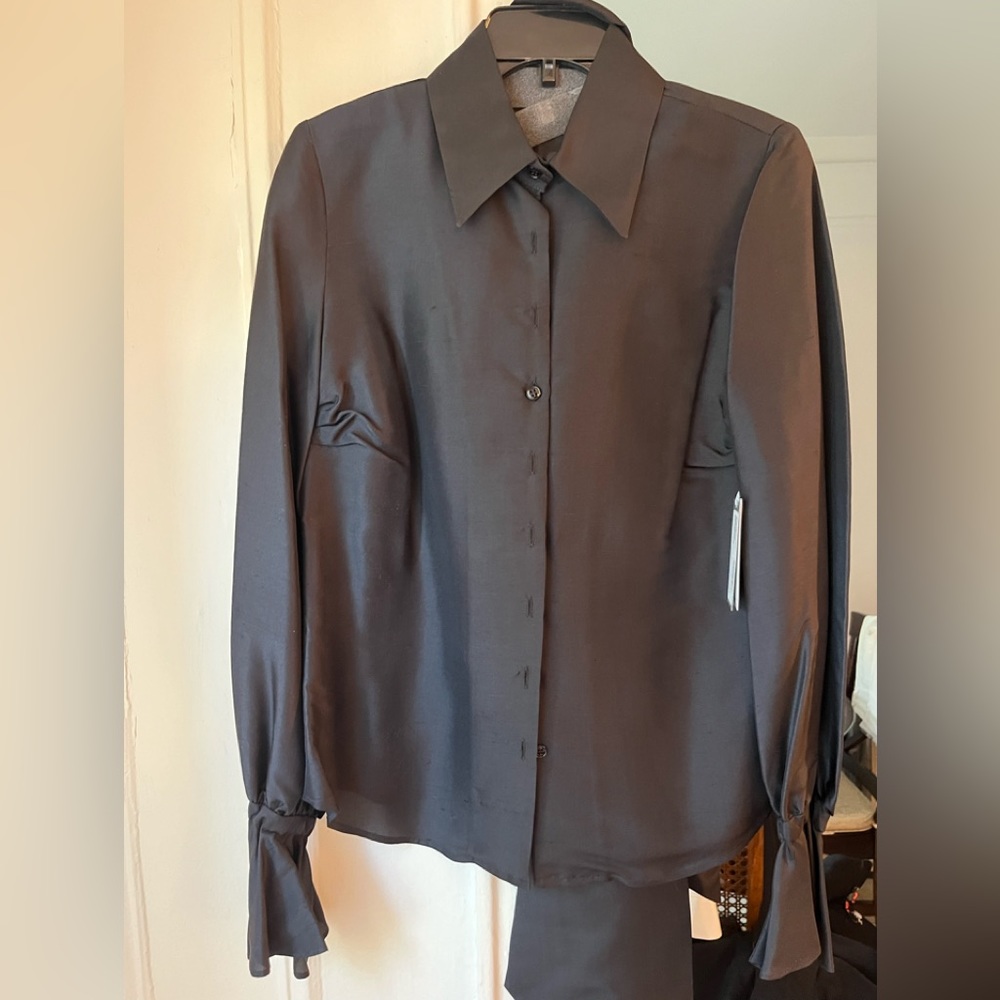 Bill Blass New York black satin blouse w removable sash